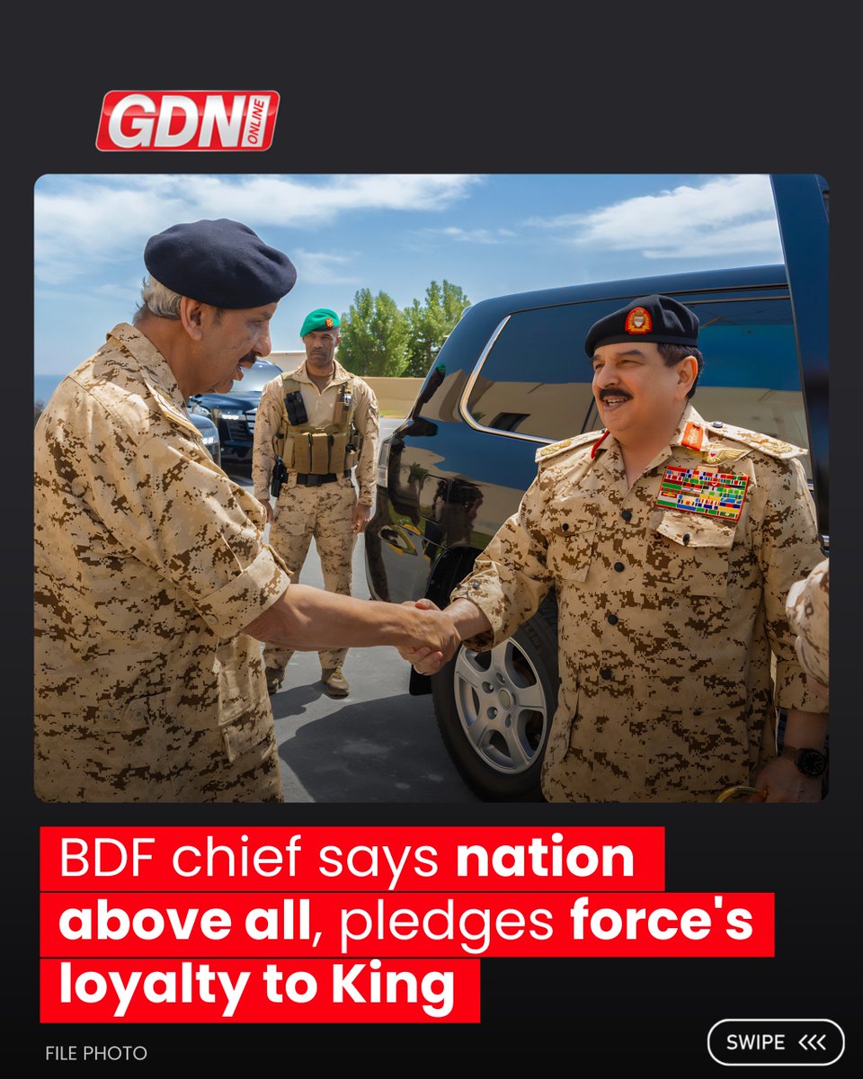 GDNonline's tweet image. His Majesty King Hamad received a cable of support and loyalty from Bahrain Defence Force (BDF) Commander-in-Chief Field Marshal Shaikh Khalifa bin Ahmed Al Khalifa.

Swipe to read more ➡️

Read the full report on gdnonline.com/Details/139347… 🌐🤳

#bahrain #gdnonline #security #BDF