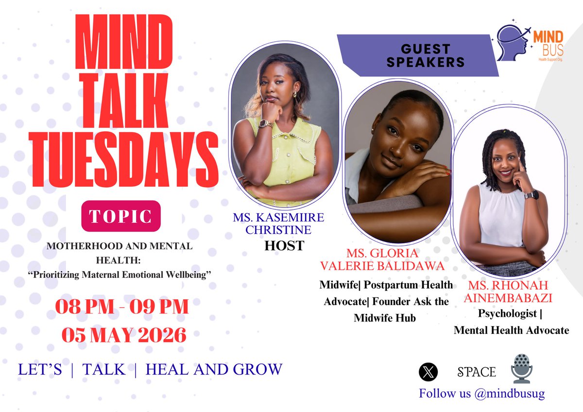 mindbusug's tweet photo. Join us on the 5th of May #MindTalkTuesdays as we discuss Motherhood & Mental Health: Prioritizing Maternal Emotional Wellbeing with insightful guest speakers sharing knowledge, support, and lived experiences.
Let’s talk, heal, and grow together. 
Follow us: @mindbusug

#MentalHealth #MaternalHealth #Motherhood #PostpartumSupport #MindBusUg #XSpace