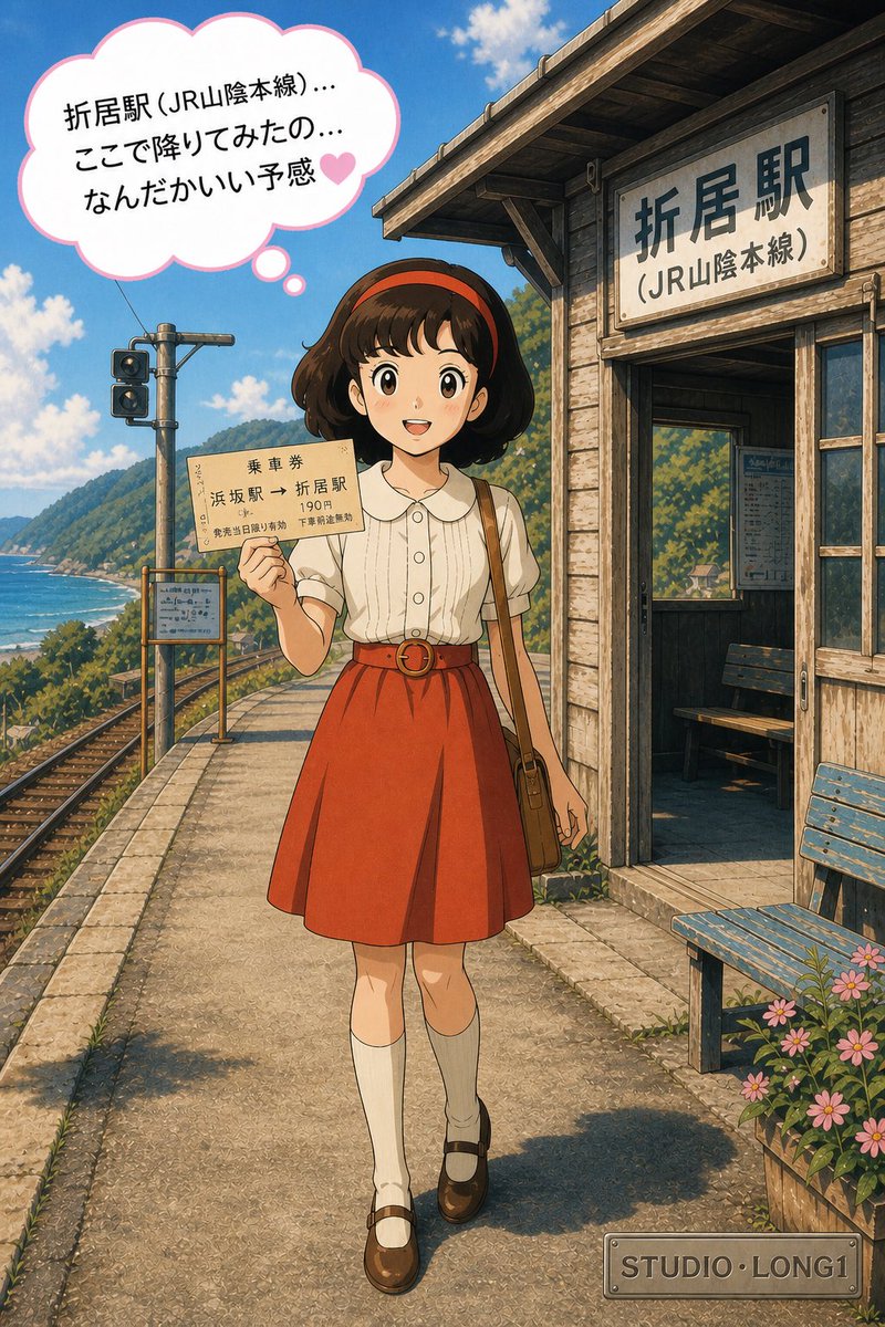 studio_long1's tweet image. To the old days!

A quiet rural station.
Only one train every hour.

“Orii station… it’s on this ticket…”

Am I in the right place?

Something feels about to begin…

#Japan #nostalgia #retro #illustration