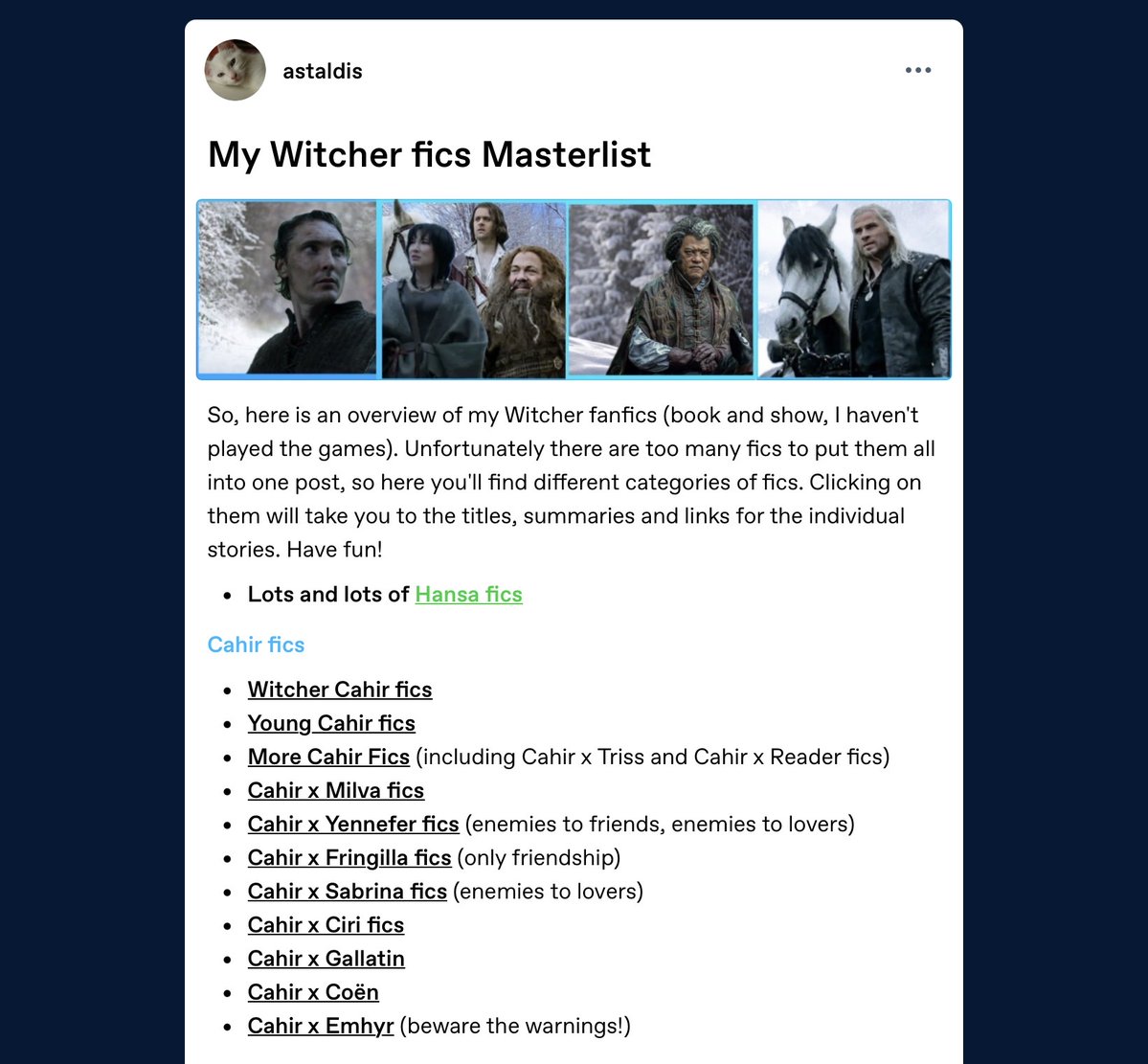 astaldis's tweet image. My Witcher fics Masterlist  

tumblr.com/astaldis/81558…

#witcher #thewitcher #witchernetflix #twn #fanfiction #witcherfanfiction