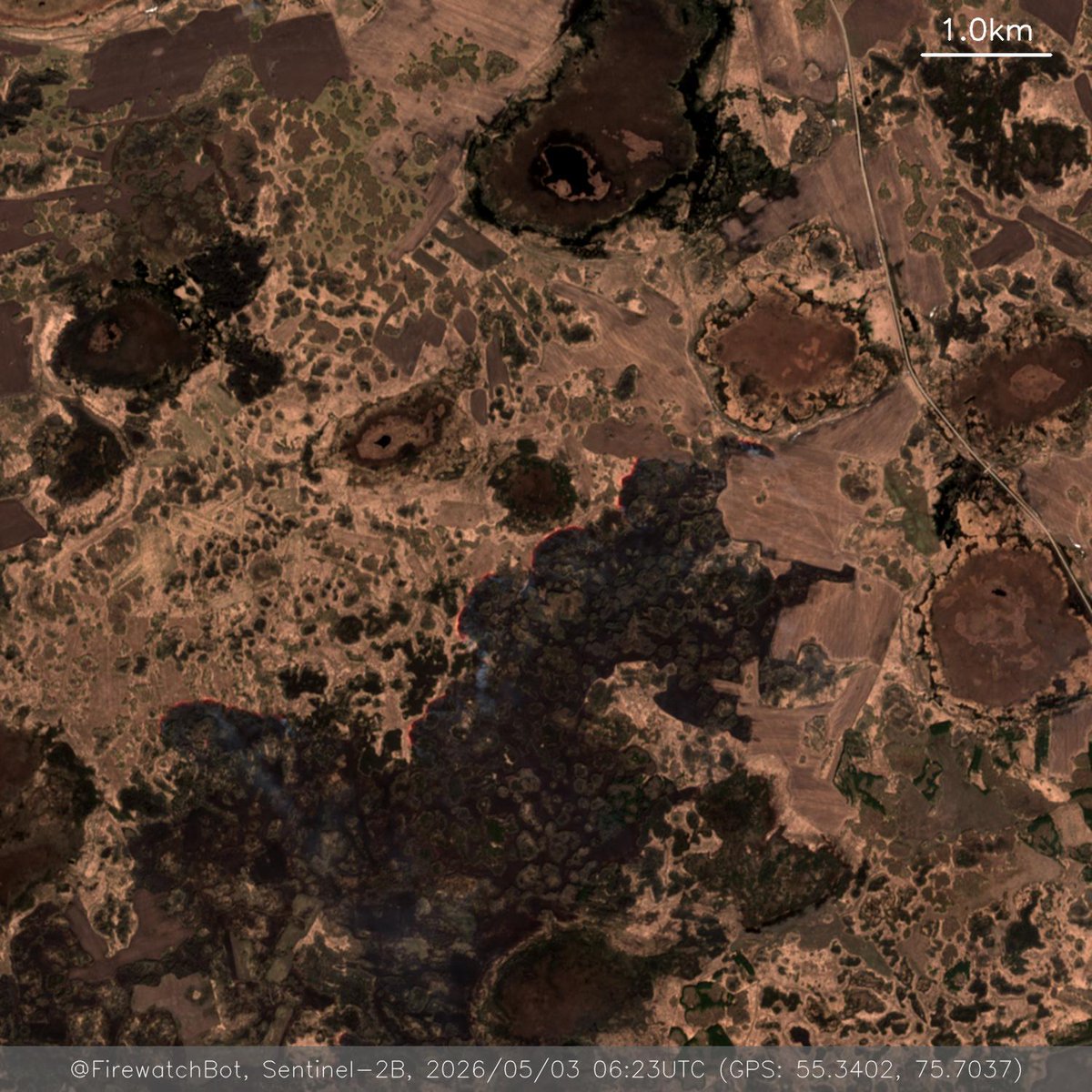 firewatchbot's tweet image. Fire detected from #Sentinel2

🗺 Place: Tatarsky District, Novosibirsk Oblast, #Russia
🕛 Date: 2026/05/03 06:23UTC

View location: maps.google.com/?q=55.34015483… (55.3402, 75.7037)