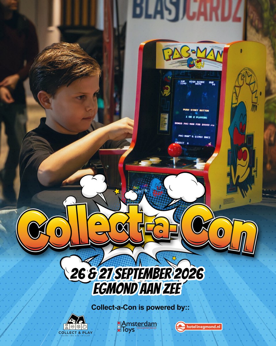 collectacon's tweet photo. Ken je Pac-Man nog? Op Collect-a-Con speel je hem gewoon weer. 70 m2 retro gaming, allemaal ready to go. Ga zitten, pak de joystick en speel. Zo simpel is het.

Alles staat voor je klaar op 26 & 27 september.
📍 Hotel Zuiderduin, Egmond aan Zee
📅 26 & 27 september 2026
🎟️ Tickets en info: https://t.co/o73HoxYc3t

#collectacon #collectacon2026 #retrogaming #pacman #arcade #retrogames #gaming #gamingcommunity #nostalgie #klassieker #egmondaanzee #weekendjeweg #geekculture #80s #90s