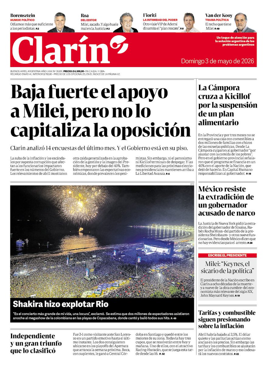 Títulos del día:

1- Baja fuerte el apoyo a Milei, pero no lo capitaliza la oposición. clar.in/4uuuewW

2- La Cámpora cruza a Kicillof por la suspensión de un plan alimentario. clar.in/4cL15Ye

3- México resiste la extradición de un gobernador acusado de narco.