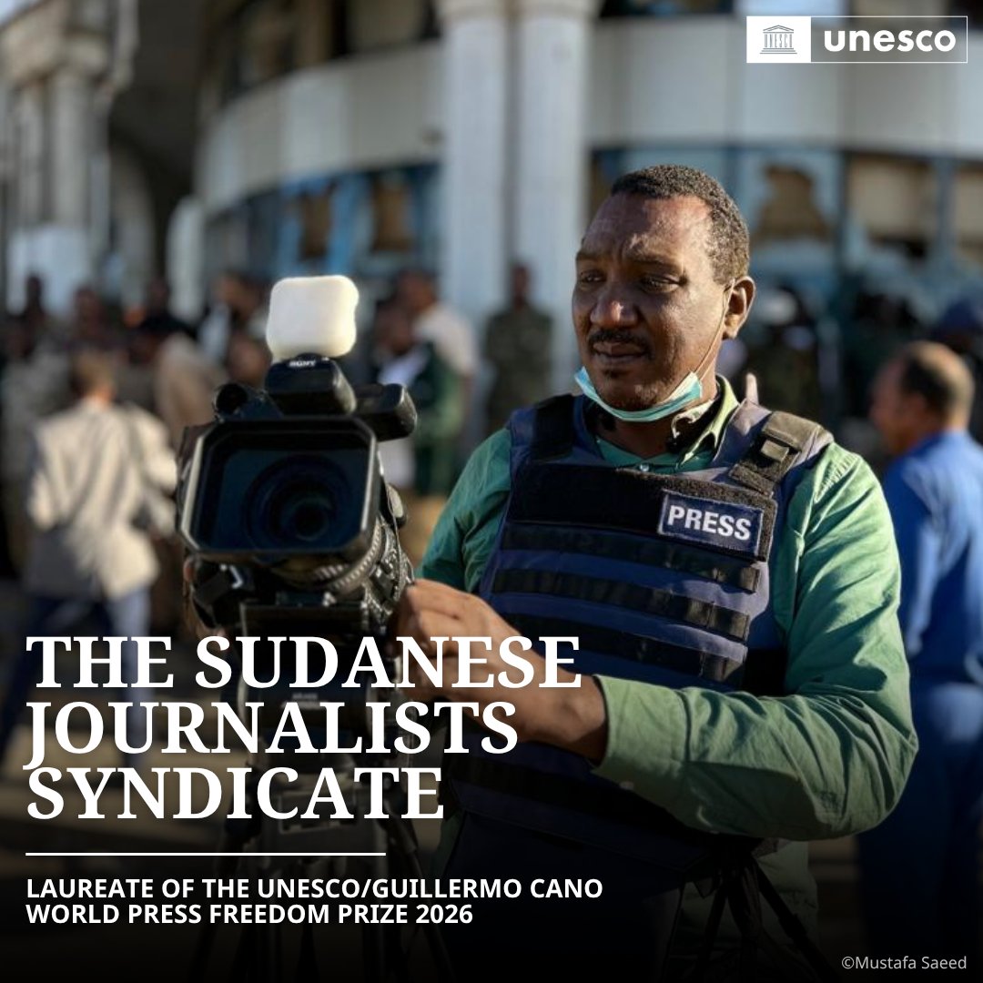 UNESCO's tweet photo. 🔴 @UNESCO announces the Sudanese Journalists Syndicate as the laureate of the UNESCO/Guillermo Cano World #PressFreedom Prize, in recognition of the role the collective has played in condemning the deliberate targeting of journalists in the ongoing conflict in the country.

3 May is #WorldPressFreedomDay.

Read the full press release: https://t.co/NAymQ34DYL