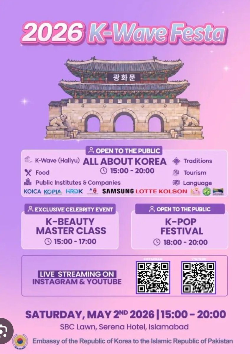 DisinfoOps's tweet photo. @Ufaq_RM Try again 
The 2026 K-Wave Festa, hosted by the Embassy of the Republic of Korea in Pakistan, takes place on Saturday, May 2, from 3:00 PM to 8:00 PM at the SBC Lawn, Serena Hotel, Islamabad. https://t.co/MKQgOlqsmT