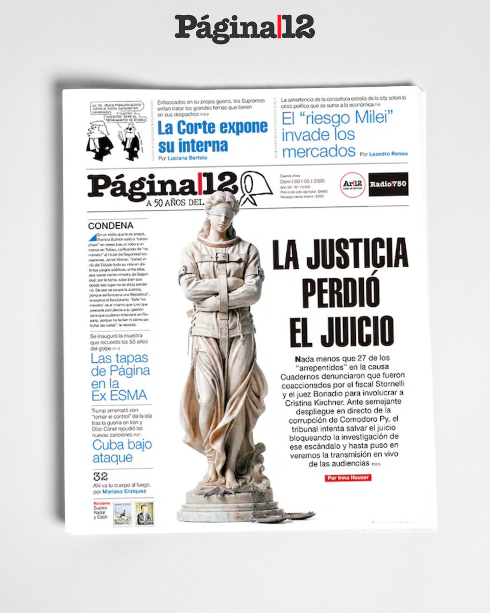 LA JUSTICIA PERDIÓ EL JUICIO 

27 de los “arrepentidos” en la causa Cuadernos denunciaron que fueron coaccionados por el fiscal Stornelli y el juez Bonadio para involucrar a Cristina Kirchner. 
pagina12.com.ar/2026/05/03/cau…