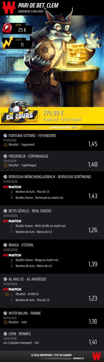 BetClem_'s tweet image. BETS #FOOTBALL ⚽ 03/05 🗓️ 

COMBINÉ DU JOUR ☘️ 
@2.01
37.50€ ➡️ 75.60€
Meilleures cotes ici 👇 
bit.ly/BETCLEM_BETIFY
Code promo : BETCLEM
🎁 50% de ton 1er dépôt en freebet jusqu'à 200€

COMBINÉ FUN 🔥 
@2.14
29€ ➡️ 62.36€

COMBINÉ JOUEURS DÉCISIF 🎯
@2.37
30€ ➡️