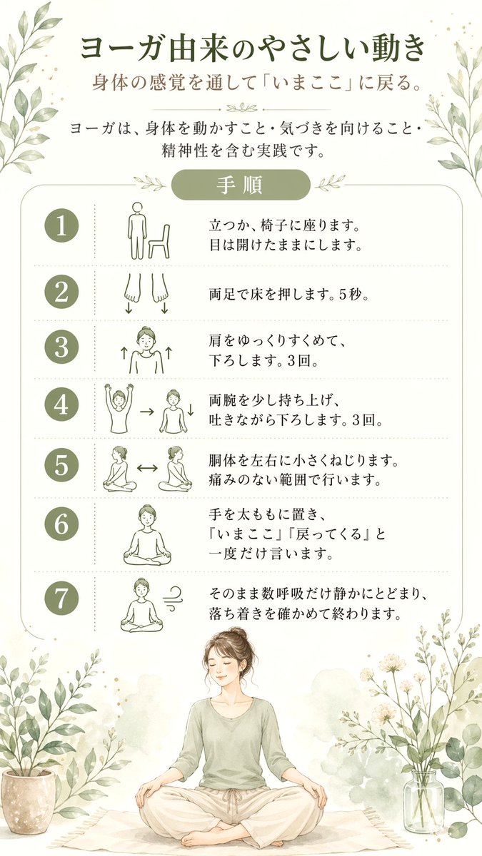 traumatic_care's tweet photo. トラウマでヨーガ由来の優しい動きを使うのは、
身体に「いまは危険の中ではない」と伝え直すためです。
ゆっくり伸ばす。
足裏を感じる。
背中を少し丸める。
息を吐きながら肩の力を抜く。
こうした小さな動きによって、
固まり続けていた筋肉に、
少しゆるんでもいいという感覚が戻っていきます。 https://t.co/TpRcWSwR1B