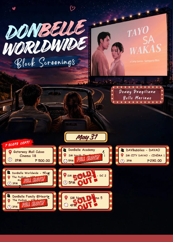 Here’s the official schedule of our Tayo Sa Wakas block screenings from May 27–31. ✨

Most slots are already SOLD OUT / FULL! 🫶

📍 Limited slots are still available on selected dates and locations.

For inquiries, you may message us or the organizing group of each block