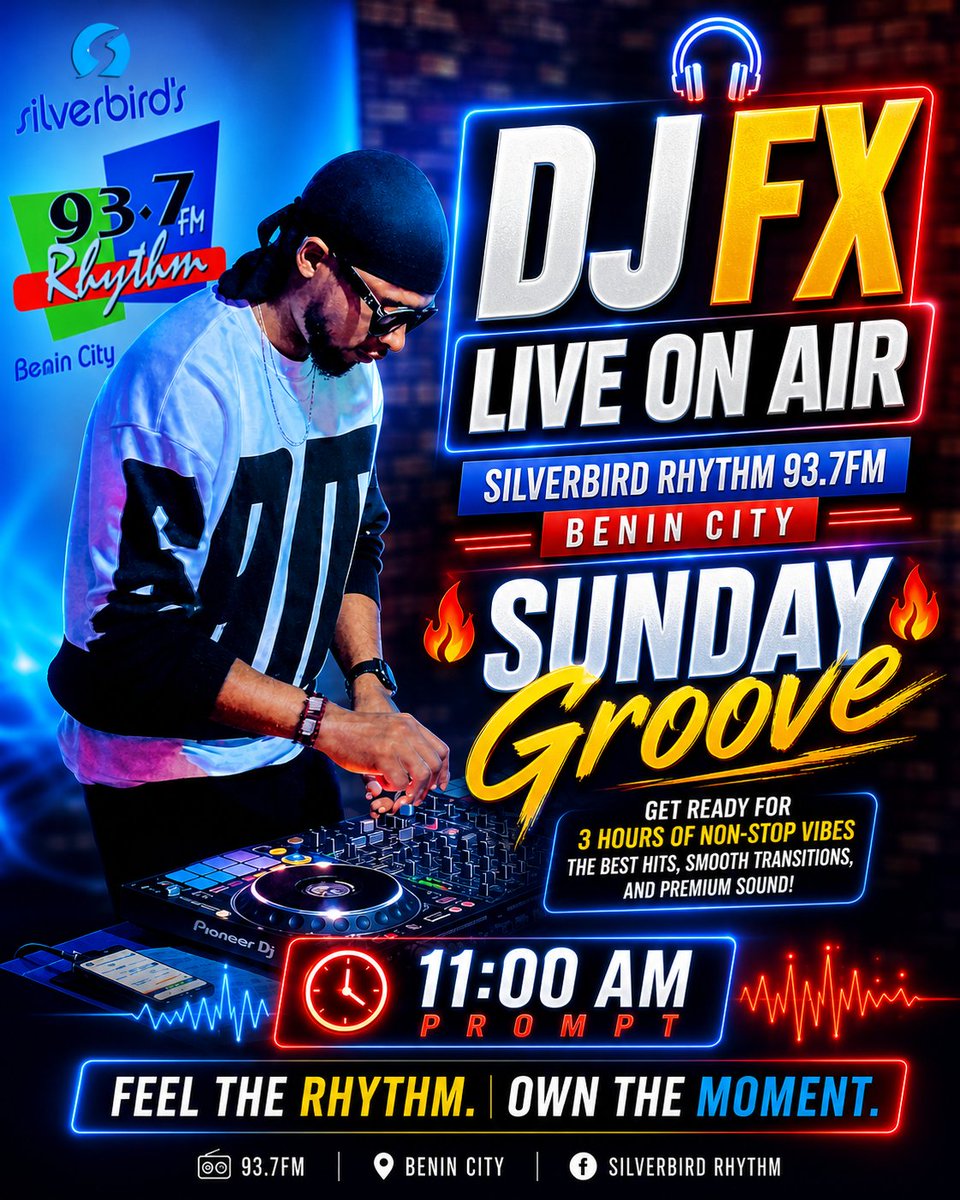 RhythmFMBenin's tweet image. Join tha international super star #Dj @djfxng 
Now live 📡📻🔥‼️⚡️☠️
Silverbird Rhythm 93.7fm Benin City. 

Father's Day Seyi Law NDLEA Giant Portable 
From 3-0 Anthony Joshua Carter Efe Davido
Dj Tunez Wizkid Burna boy Mr Macaroni 
Big Wiz