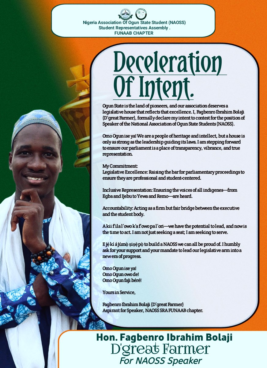 Dgreat_Farmer's tweet photo. I am officially declaring my intent to run for Speaker of the National Association of Ogun State Students (NAOSS), FUNAAB Chapter.
Hon. Fagbenro Ibrahim Bolaji (D’great Farmer)
Aspirant for Speaker, NAOSS SRA FUNAAB Chapter
#NAOSS #FUNAAB #Leadership #OmoOgun #DGreatFarmer https://t.co/koX6Rklzsa