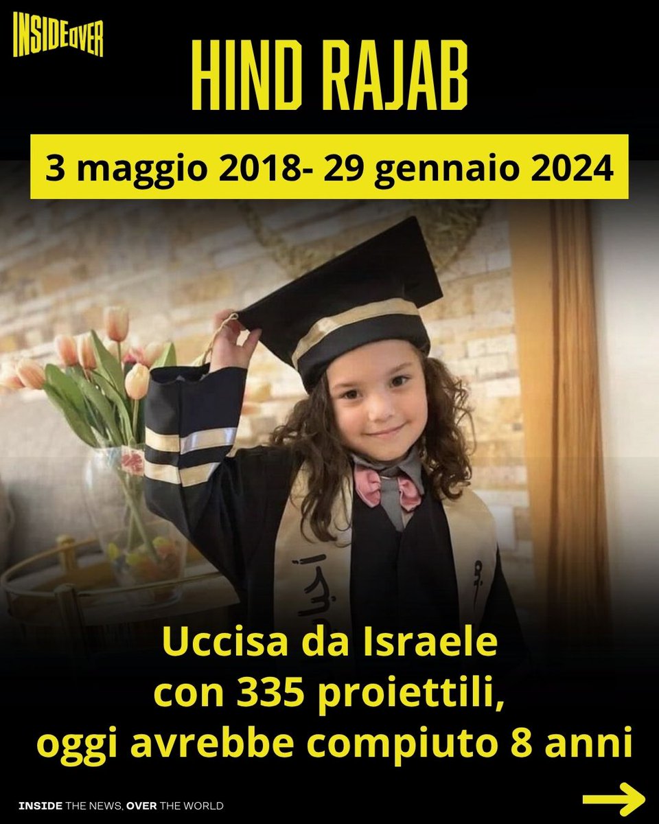 insideoverita's tweet image. Oggi, 3 maggio, Hind Rajab avrebbe compiuto otto anni.

Ma la sua vita è stata fermata il 29 gennaio 2024, a Gaza City.

Quel giorno, mentre cercava di fuggire dal suo quartiere insieme alla famiglia, l’auto su cui viaggiavano è stata colpita da 335 proiettili sparati dall’IDF.