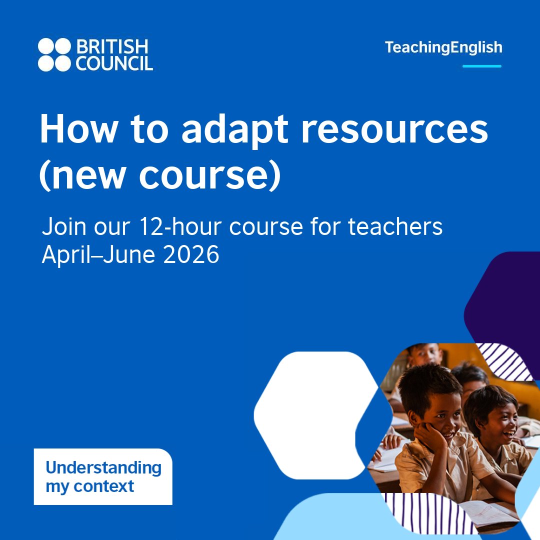 ksaBritish's tweet photo. TeachingEnglish: How to adapt resources – professional development course for English language teachers.
 
This new course runs from 1 April 2026. Register now: https://t.co/KaoHb5Y4vZ

#HowToAdaptResources #TeachingEnglish #ELT https://t.co/WuIBHBY8Nw