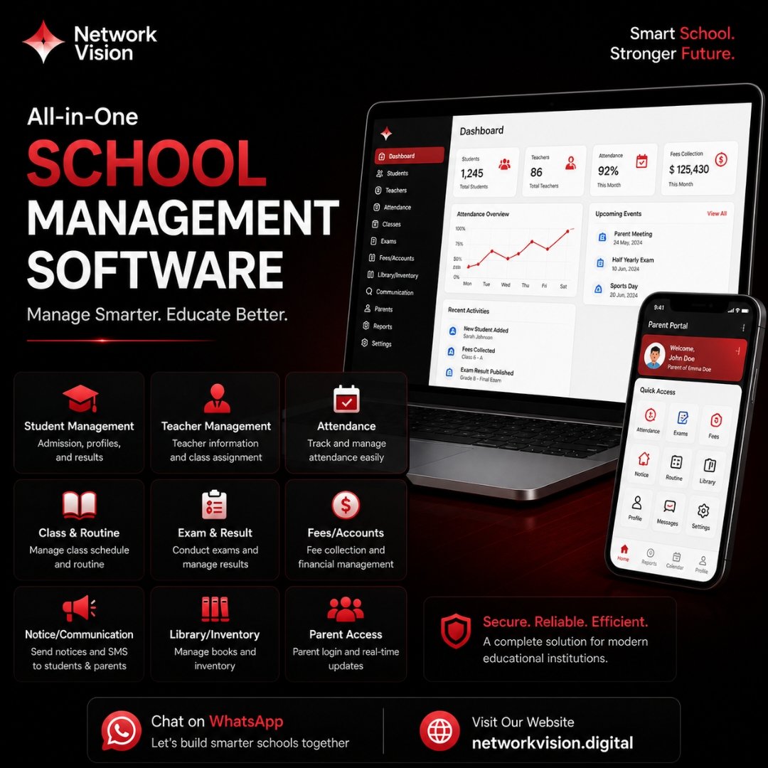 Networkvision22's tweet image. "Smart School Management Starts Here."
We build complete School Management Systems—attendance, results, fees &amp;amp; more.
🌐 networkvision.digital
— Network Vision
#SchoolManagement #EdTech #Automation #SmartEducation #NetworkVision