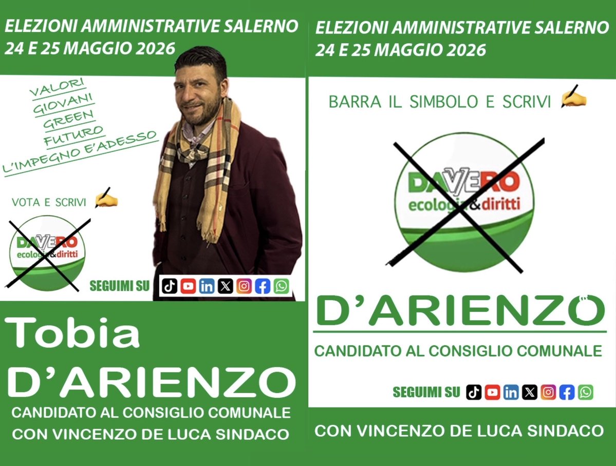 Tobiadarienzo's tweet image. ” #Valori, #giovani, #green e #futuro”
L’IMPEGNO È SALERNO…
L’IMPEGNO È ADESSO … 
Scrivi D’ARIENZO lista #DAVVERO a sostegno di #VincenzoDeLuca candidato sindaco al Consiglio Comunale di #SALERNO
Il mio #impegno ad ascoltare e dare un punto di #riferimento a #tutti …