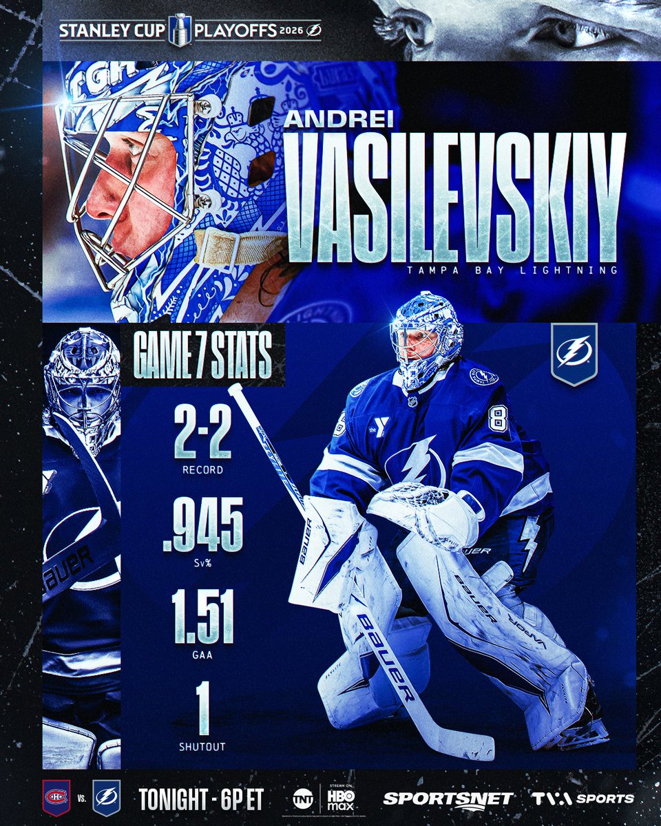 NHL's tweet photo. Andrei Vasilevskiy is no stranger to epic #Game7 performances! 😤

What does he have in store for tonight? #StanleyCup 

The series finale between the @CanadiensMTL and @TBLightning is TONIGHT at 6p ET on @NHL_On_TNT, @Sportsnet &amp; @TVASports! https://t.co/UlZqqLgH9J