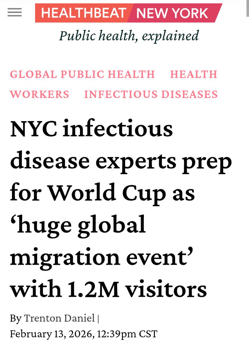 Hmm...Like a "huge migration event”

FIFA WORLD CUP visitors prompt 2 year prep/training by NY &amp; NJ INFECTIOUS DISEASE experts fearing: viral hemorrhagic fevers, RSV, TB, measles, varicella, Hep A, typhoid, malaria, SARS, hantavirus &amp; "high consequence” diseases: cholera, Ebola