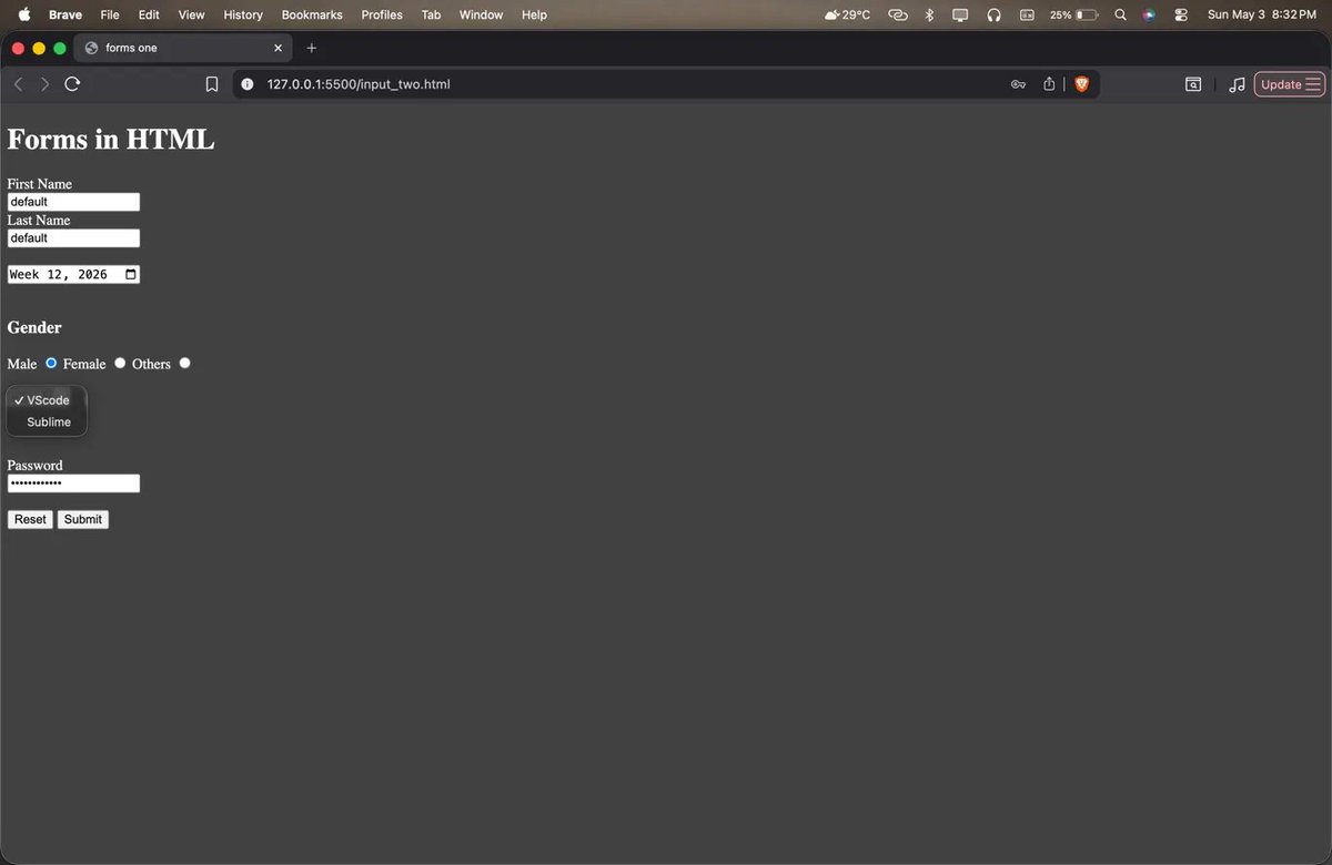 TheMaverick_tw's tweet image. Day 14✅ Two weeks in!🎉
Built a real signup form today🔥
→ Radio buttons, dropdowns, password field
→ Date picker, reset &amp;amp; submit buttons 
→ Looks like an actual website form  
HTML is almost done. CSS is coming 🎨
#100DaysOfCode #BuildInPublic #webdev #HTML