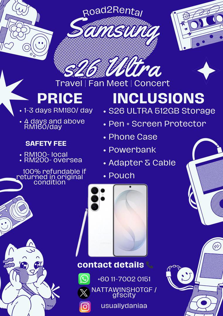 ROAD2RENTAL S26 ULTRA RENT 🇲🇾 

Rent the Samsung S26 Ultra with Road2Rental! Whether it’s a fan meet or travel, we’ve got you covered!

💸 From RM180/day

More information refer poster and sheets below

#ROAD2RENTAL #S26ultrarental #phonerental #S26Ultra