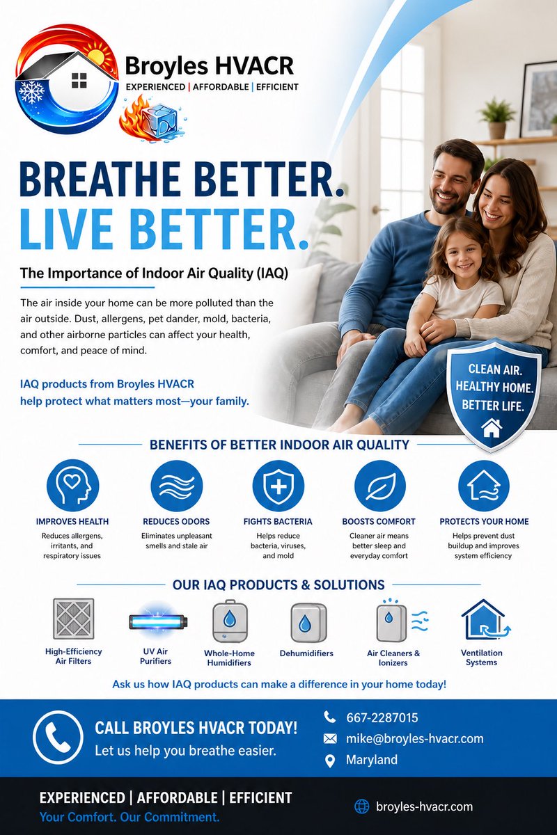 Broyleshvacrllc's tweet image. Did you know that indoor air can be twice as dirty as outdoor air? Ensuring good indoor air quality is very important for your health and comfort. #IndoorAirQuality #HVAC #AirFiltration #CleanAir