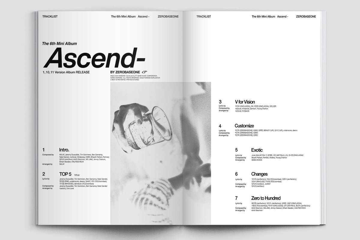 ZEROBASEONE unveils the track list for their 6th mini album ‘Ascend-.’

1. Intro.
2. TOP 5 (Title)
3. V for Vision
4. Customize
5. Exotic
6. Changes
7. Zero to Hundred