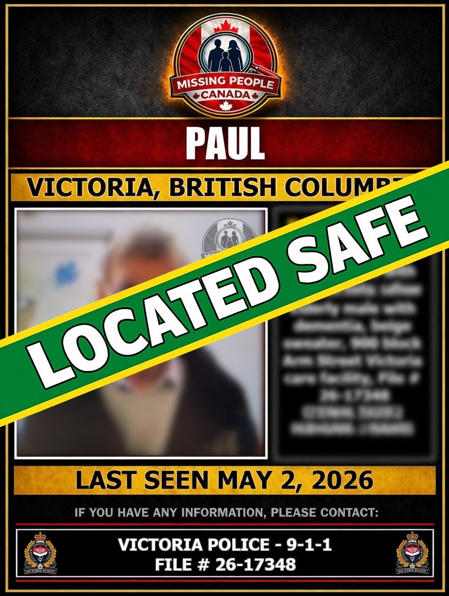 Missing_CA's tweet image. ✅ LOCATED SAFE – PAUL

Paul, the senior who was reported missing in Victoria, British Columbia, has been located safe.

Thank you to the community for your assistance.

#LocatedSafe #Paul #Victoria #BritishColumbia #MissingPersonLocated #MissingPeopleCanada
