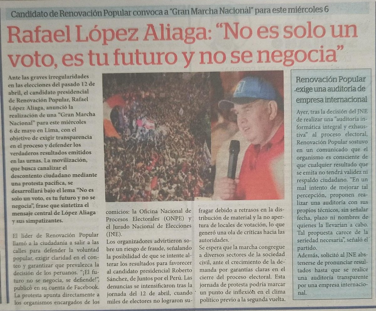 🟡 LA NOTICIA, DOMINGO 3 DE ABRIL DE 2026, SECCIÓN POLÍTICA, PÁGINA 3, *RAFAEL LÓPEZ ALIAGA: "NO ES SOLO UN VOTO, ES TU FUTURO Y NO SE NEGOCIA*
