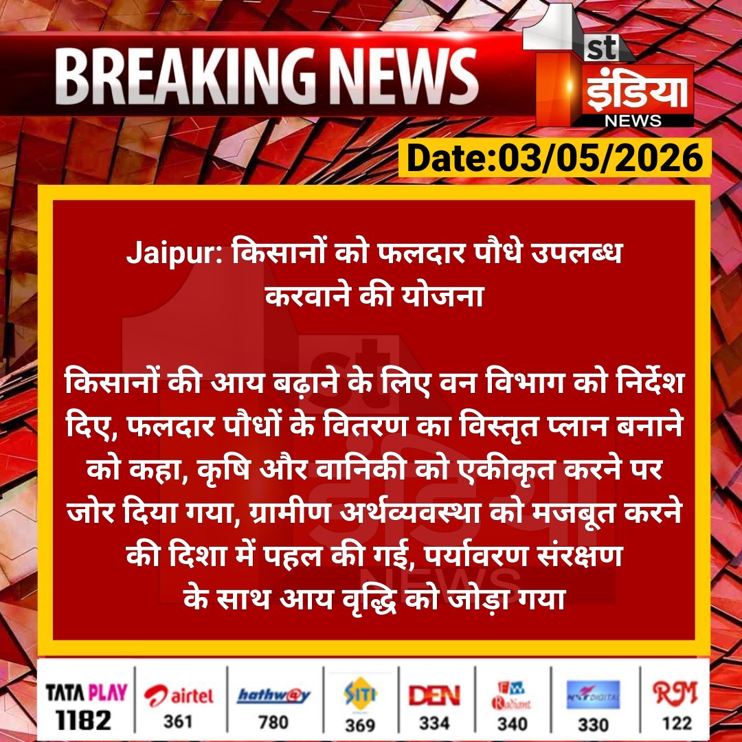 1stIndiaNews's tweet image. #Jaipur: किसानों को फलदार पौधे उपलब्ध करवाने की योजना 

किसानों की आय बढ़ाने के लिए वन विभाग को निर्देश दिए, फलदार पौधों के वितरण का विस्तृत प्लान बनाने को कहा.... 

#RajasthanWithFirstIndia #JaipurNews @RajGovOfficial @Nirmaltiwaribki