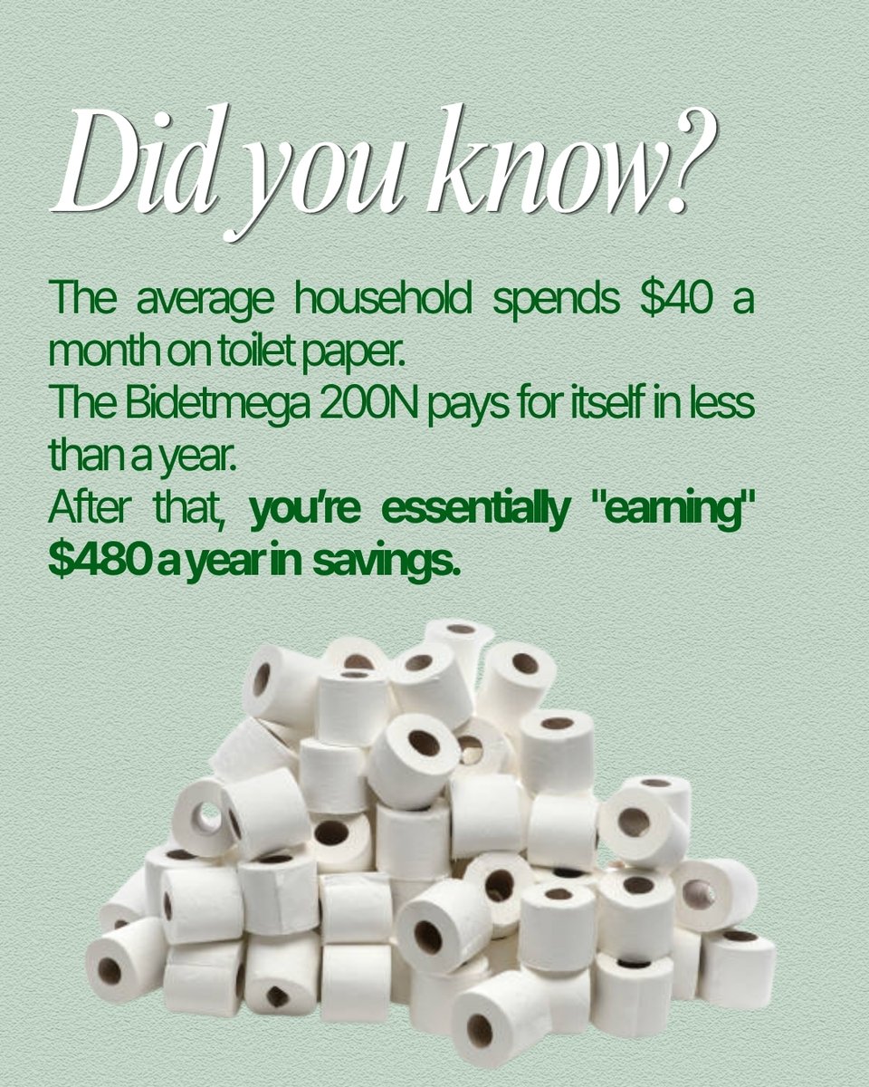 cowaymega's tweet photo. We're back with the facts and numbers that help you save all that hard earned money! 
Can you believe the Bidetmega 200N is cheaper than 1 year's worth of toilet paper?🤯 
AND we do a better job of cleaning up. This is a win-win situation if you ask us. https://t.co/fNcuR7zuvL