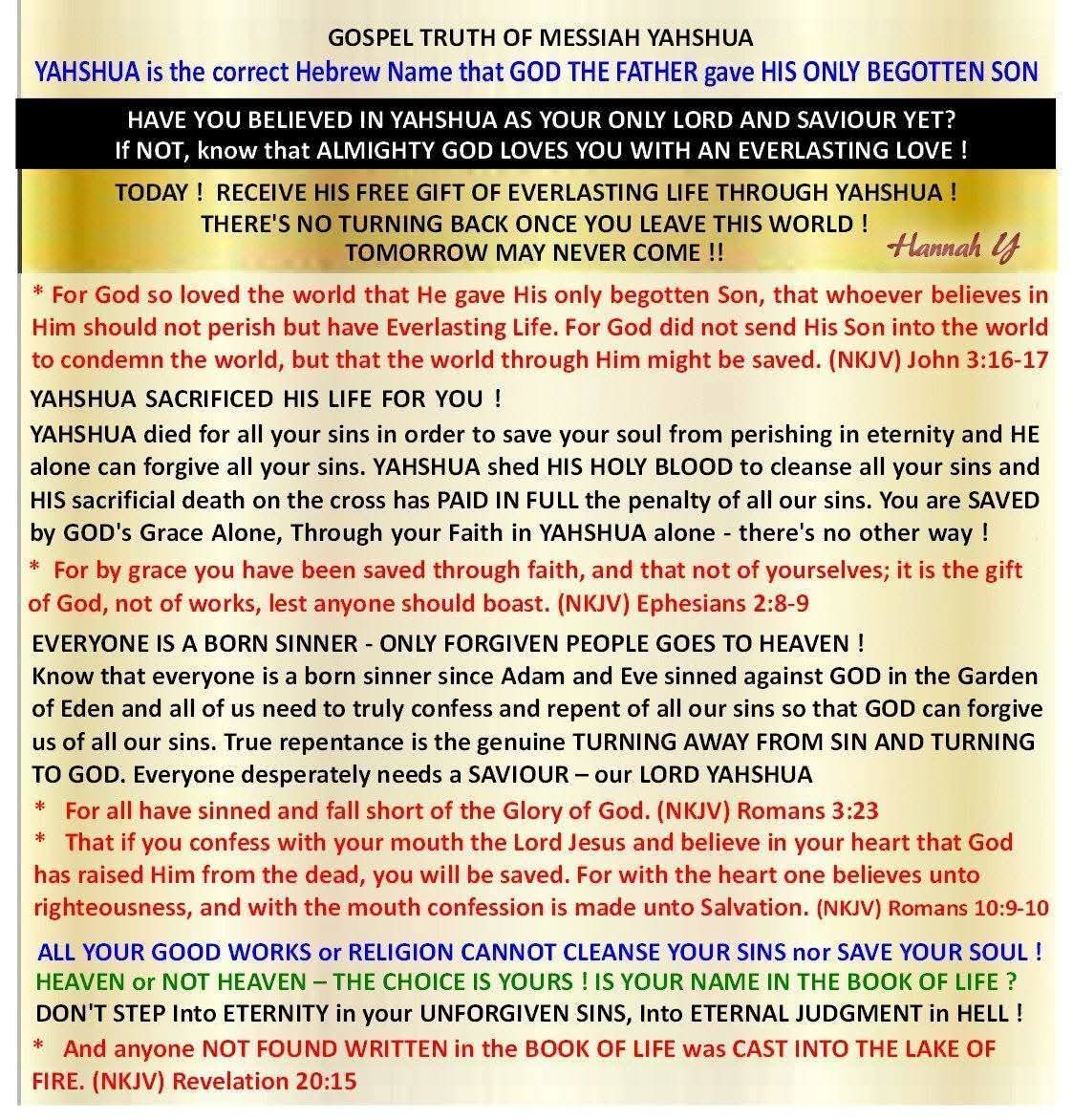 HannahY56567625's tweet image. #JESUS
YAHOVAH can deliver u fr power of darkness, sets u FREE thru YAHSHUA, HIS SON, redeemed by HIS BLOOD, convey u into HIS KINGDOM of LIGHT!

Let Not yr life b trapped in darkness!

Repent all yr sins, b forgiven, recv ETERNAL LIFE fr YAHSHUA!

HOPE
youtu.be/CQW8mnh325w