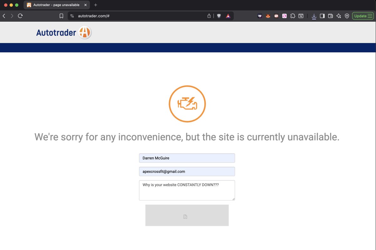 50MarkD's tweet photo. @AutoTrader_com Why is your website ALWAYS under construction, or maintenance, or just down? The more I try to use your site–the more it feels like a HUGE scam site. You can't even submit anything to notify you. https://t.co/WogcD7FK9b
