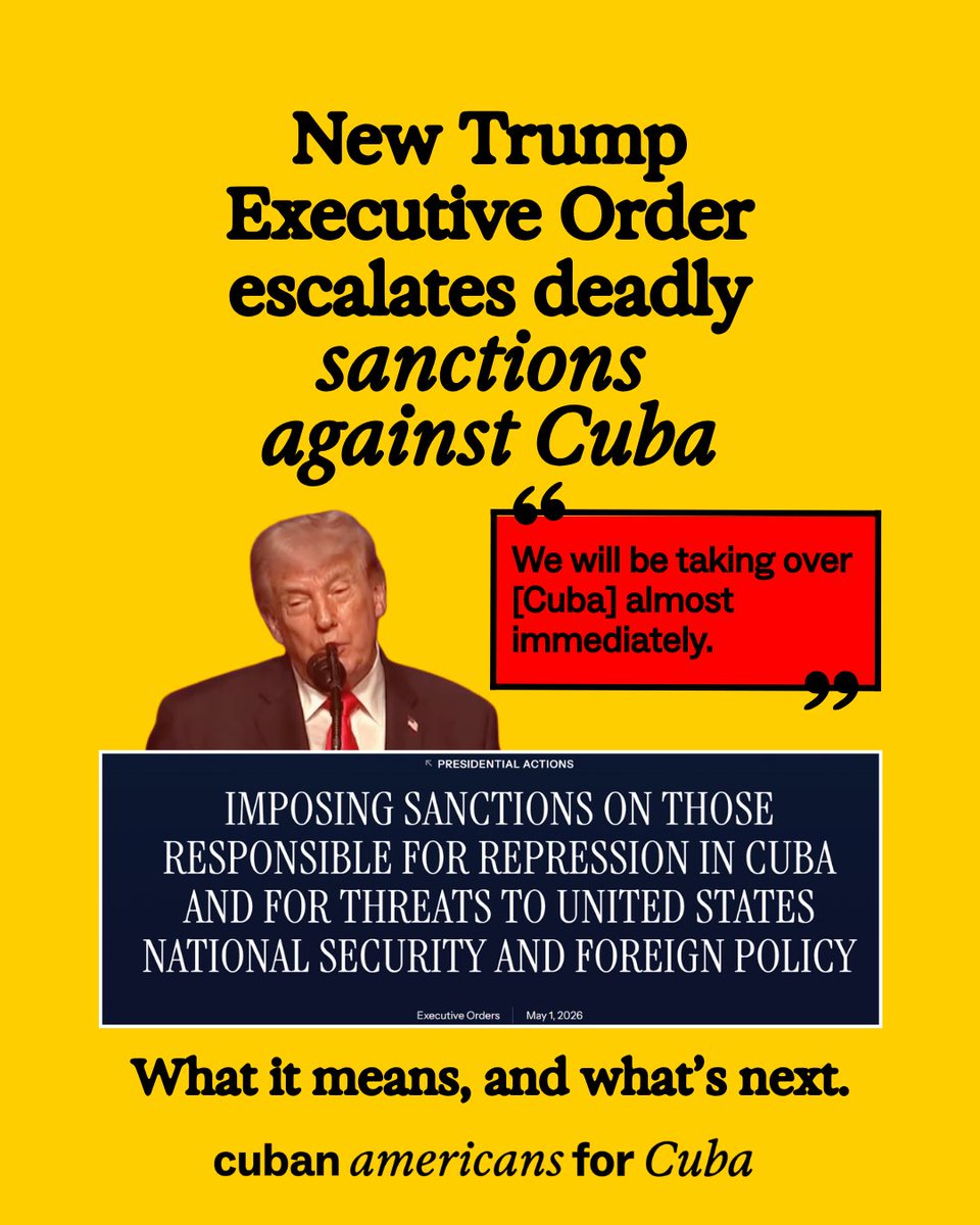 Cubans4Cuba's tweet photo. On Friday, May 1st, Trump signed an executive order, escalating sanctions on Cuba as he continues to threaten military action against the island. As Cuban-Americans, we reject the expansion of the embargo and condemn U.S. aggression! Join us https://t.co/vY6SehyzCi https://t.co/5RAF0mx8Fh