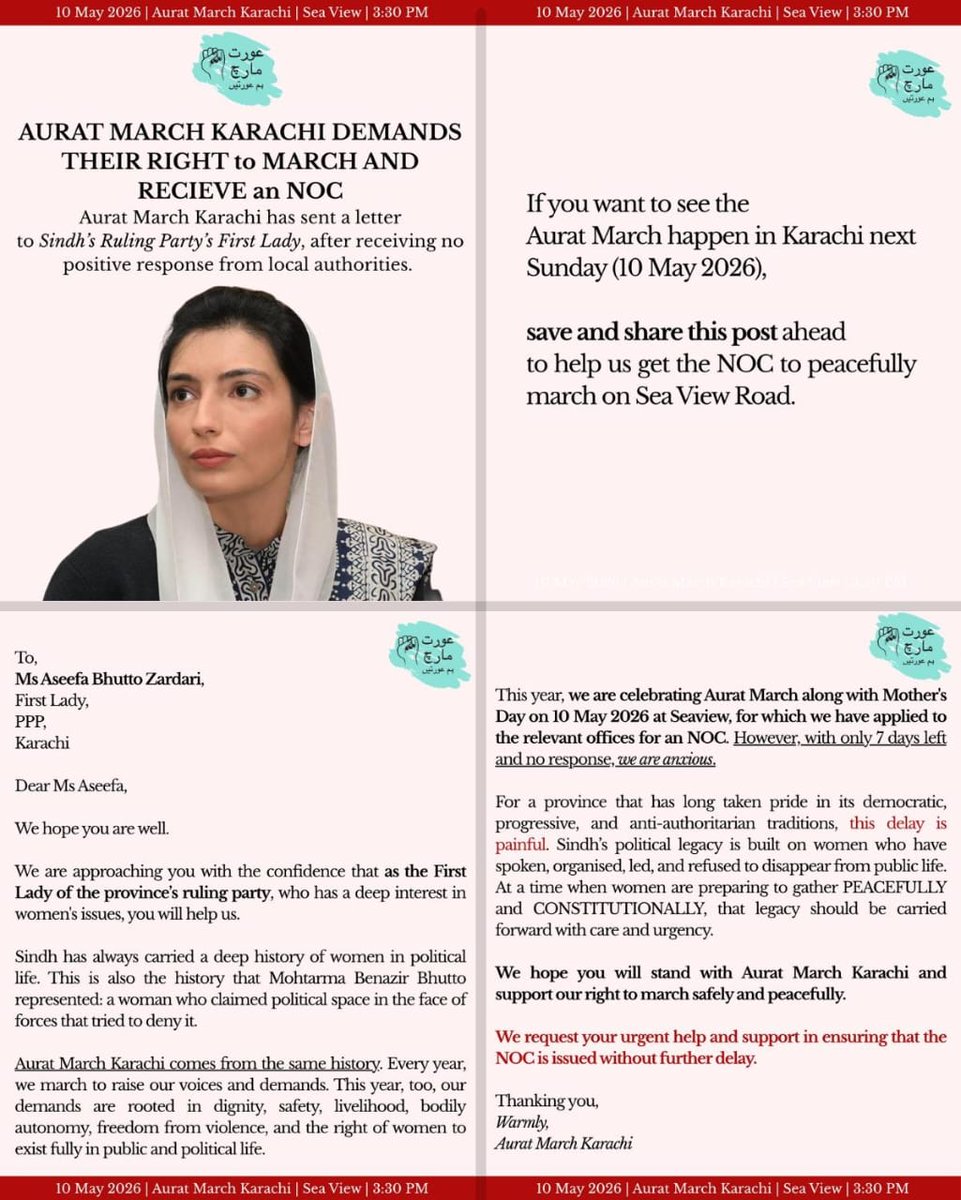 AuratMarchKHI's tweet image. 7 days to the march and we still have no NOC! We really hope that @AseefaBZ will stand with Aurat March in the spirit of Sindh's history of women in political life, and ensure that an NOC is promptly issued!

#AuratMarchRightToNOC #AuratMarch2026