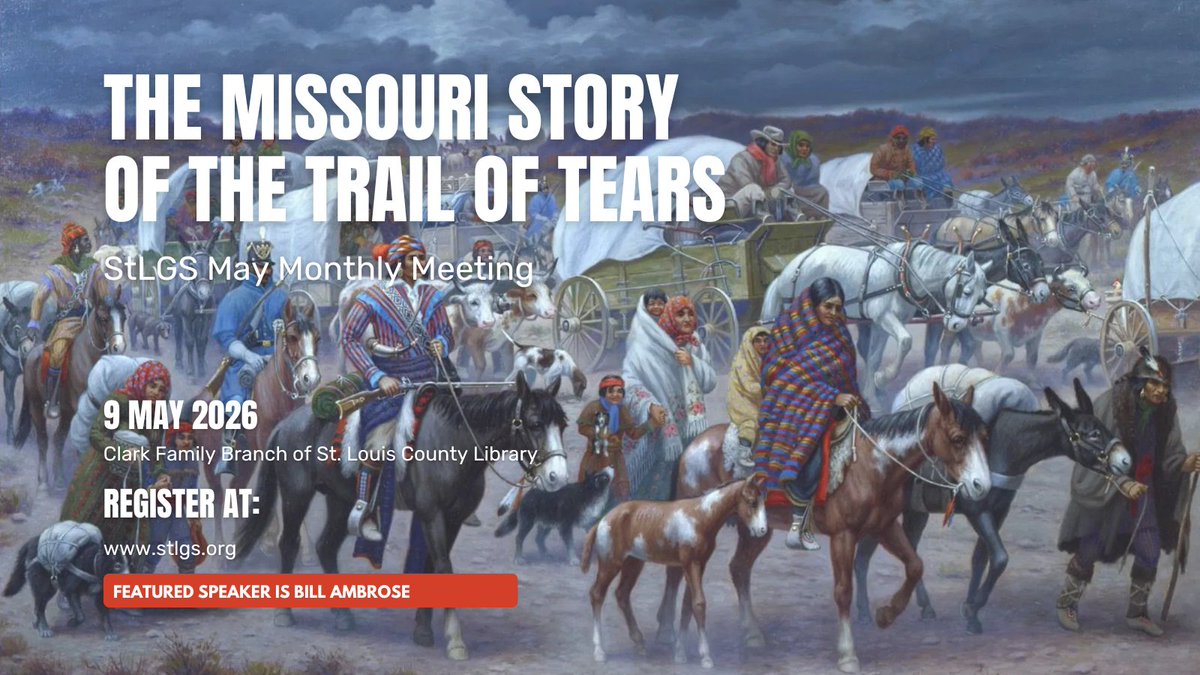 StLGS's tweet photo. The story of the Trail of Tears is a powerful part of Missouri's history. Join us to explore the forced removal of 17,000 Cherokees.
🗓 When: Saturday, May 9, 2026
🕙 Time: 10:00 a.m. – 12:00 p.m.
👉 Register for the webinar: https://t.co/VcSaNGRWAI https://t.co/q64axnq7dV