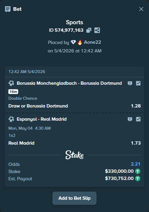 stakehighroller's tweet photo. Whoever this is built a 2-leg multi. $330,000 → $730,752.
Run it back: https://t.co/cTq12dqEk4
#MultiBet #Soccer #LaLiga https://t.co/ycWqNa3iTf