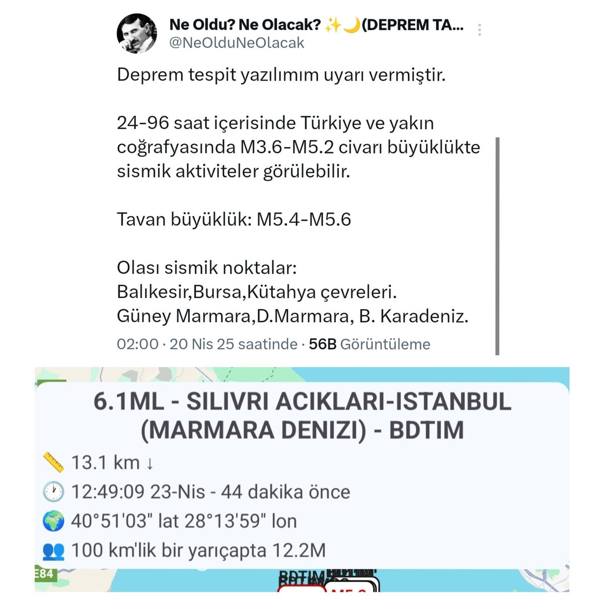 NeOlduNeOlacak's tweet image. İstanbul #deprem'le sallanmadan 3 ay ve 3 gün önce iki kez uyarı yayınlamıştım. 

İstanbul 6.2'lik #deprem'le sallanmadan 3 ay önce Türkiye 6.2 ile sallanacak diye uyarmıştım.

Elimden geldiğince az, öz ve doğru tahminler yapmaya gayret edeceğim.