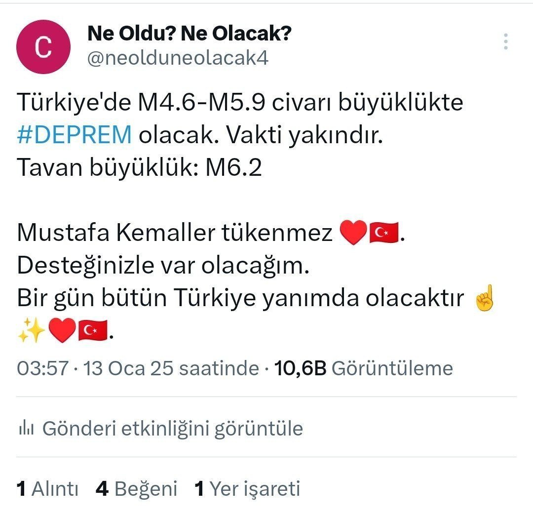 NeOlduNeOlacak's tweet image. İstanbul #deprem'le sallanmadan 3 ay ve 3 gün önce iki kez uyarı yayınlamıştım. 

İstanbul 6.2'lik #deprem'le sallanmadan 3 ay önce Türkiye 6.2 ile sallanacak diye uyarmıştım.

Elimden geldiğince az, öz ve doğru tahminler yapmaya gayret edeceğim.