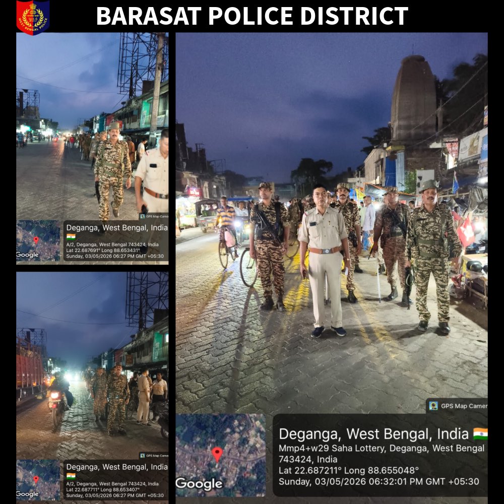 BarasatPolice's tweet image. Evening route march conducted under Deganga PS area in the post-election period to ensure peace, maintain public order, and reassure residents.

#BarasatPoliceDistrict #StayConnected #StaySafe #Barasat #WestBengalPolice4U #Assembly_Election_2026 #WBLA2026
#WeCareWeDare