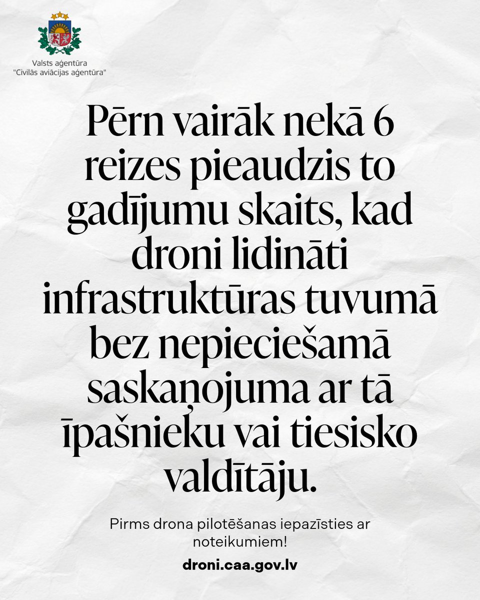 Kopš 2026. gada 18. februāra Latvijā ir stājušies spēkā grozījumi normatīvajā regulējumā, paplašinot pārkāpumu uzskaitījumu, par kuriem var tikt piemērota administratīvā atbildība, kā arī nosakot plašāku soda apmēra diapazonu. 

Plašāk: caa.gov.lv/lv/jaunums/str…