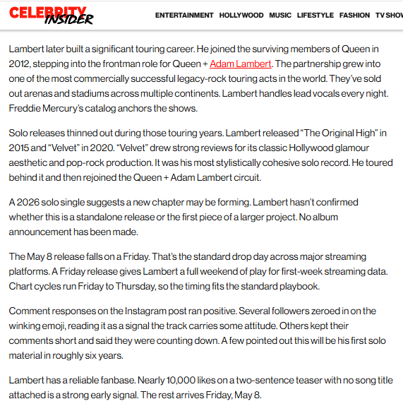Adam Lambert has a reliable fanbase. Nearly 10,000 likes on a two-sentence teaser with no song title attached is a strong early signal. The rest arrives Friday, May 8.
celebrityinsider.org/adam-lambert-u…