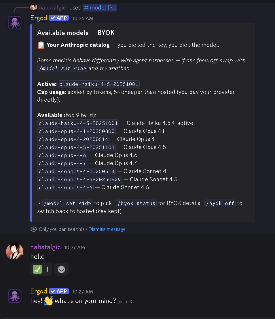 ergod_dev's tweet photo. shipped BYOK on Ergod. any tier free and above. bring your own OpenRouter / OpenAI / Anthropic / xAI key — turns count 5× cheaper against your cap. https://t.co/dqxGLZk1Xn
