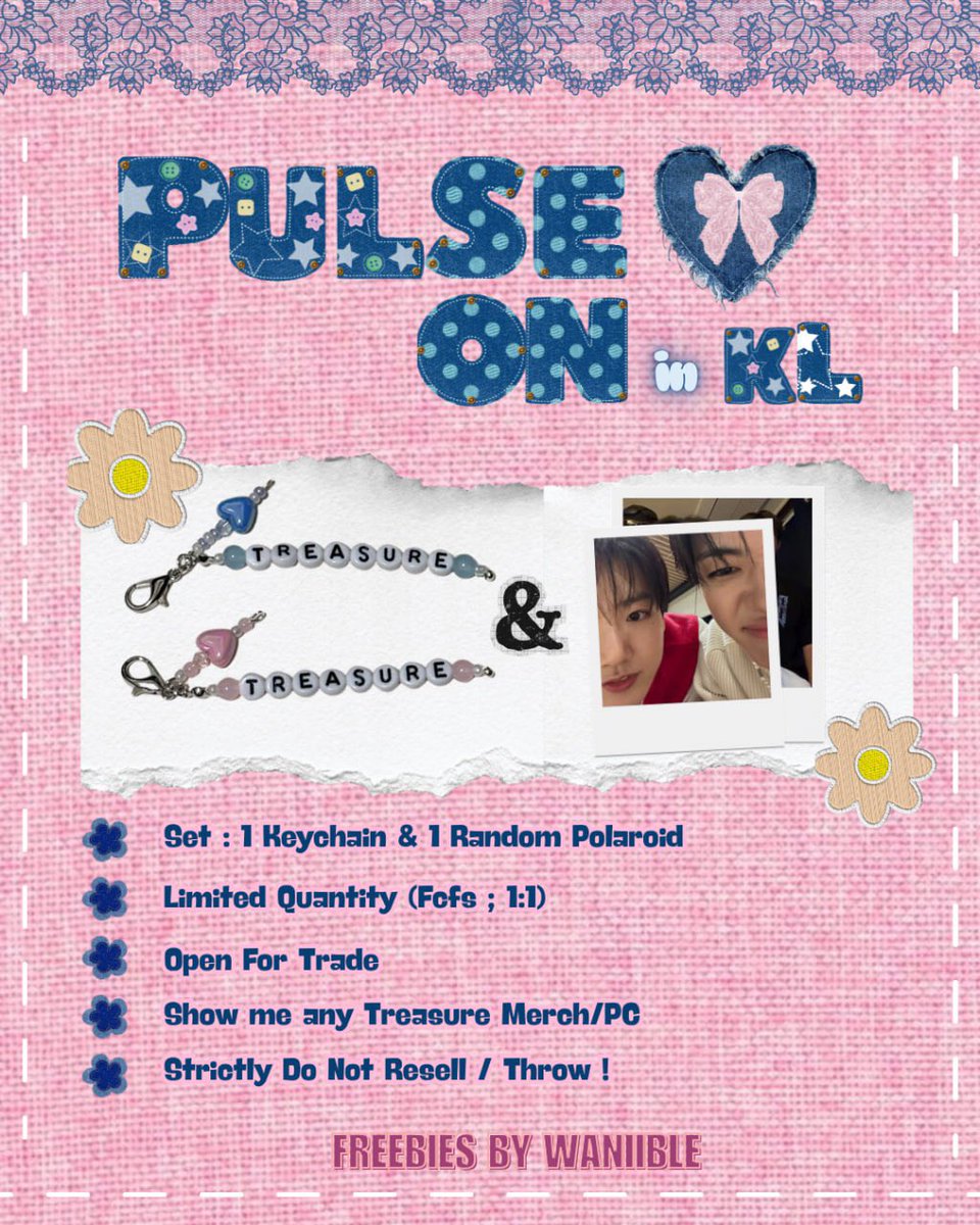 ⋆.˚✮Freebies TREASURE PULSE ON IN KL✮˚.⋆

Hi Teume!! I’m giving away 1 set: keychain + polaroid 

જ⁀➴ Unifi Arena, 30/5/2026

How to join: 
• RT &amp; like this post 
• Just find &amp; say hi to me on dday
• Simple Screening

#PulseONinKL #TREASUREinKL