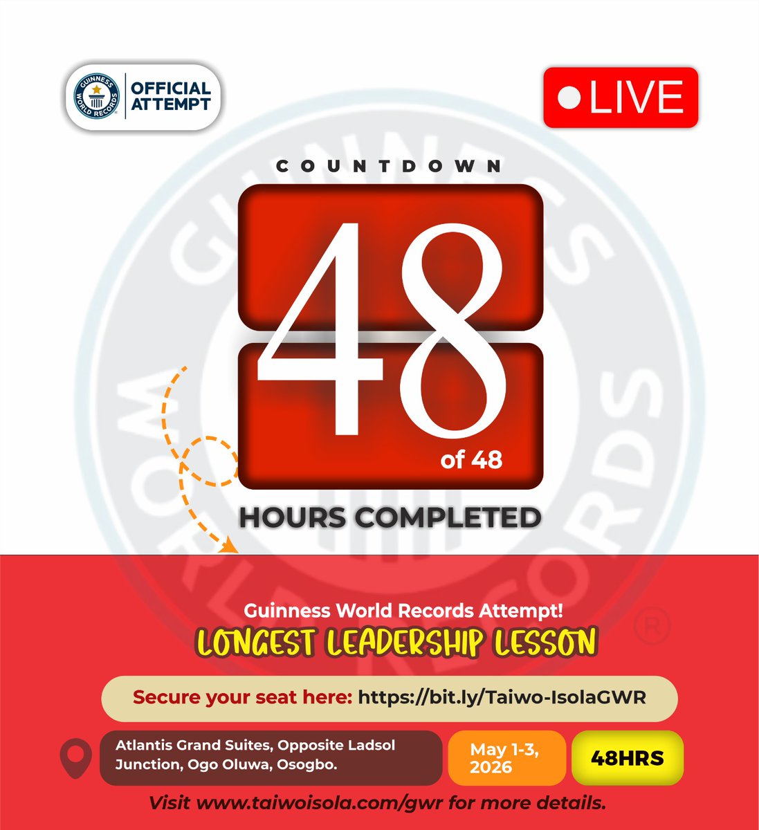 TheTaiwoIsola's tweet photo. 48 hours. One room. One man. One attempt. One Nigeria.
#LongestLeadershipLesson #GuinnessWorldRecord #TaiwoIsola #Osogbo https://t.co/ylXUcvVuul