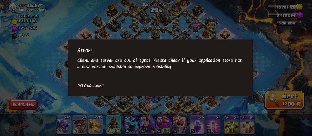 burmon80770's tweet photo. @ClashofClans "Hello @ClashofClans I keep getting the Client and server are out of s I've noticed a pattern this happens almost exclusively when I find a base with high loot  already tried updating clearing the cache and restarting my connection but the issue persists #ClashofClansBug https://t.co/Vv7J1zUXMI