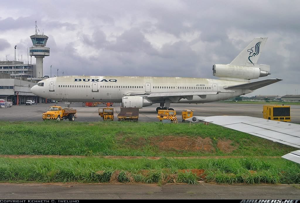n194at's tweet image. Buraq Air 
Douglas DC-10-15 J2-KCG
LOS/DNMM Murtala Muhammed International Airport
July 24, 2006
Photo credit Ken Iwelumo
#AvGeek #Aviation #Airline #AvGeeks #Douglas #DC10 #LOS #Lagos #BuraqAir