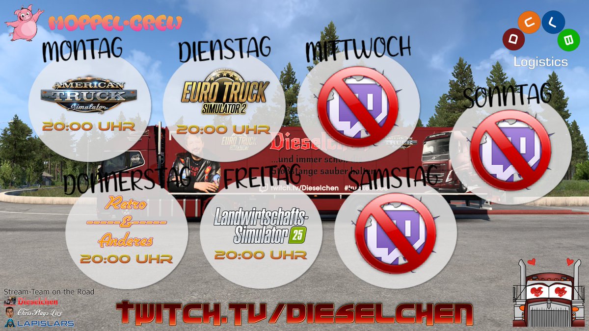 Das_Dieselchen's tweet photo. Hi ihr Lieben ❤️
Streamplan KW19/26
Mo. 20.00 #AmericanTruckSimulator
Di. 20.00 #EuroTruckSimulator2
Do. 20.00 #Retro & Anderes
Fr. 20.00 #LandwirtschaftSimulator25
https://t.co/gazK9vDgy8
#Truckerliebe #MoppelCrew #TwitchDE #TwitchTV #GermanStreamer #Twitch #Schedule https://t.co/TCtYcV9Fw5