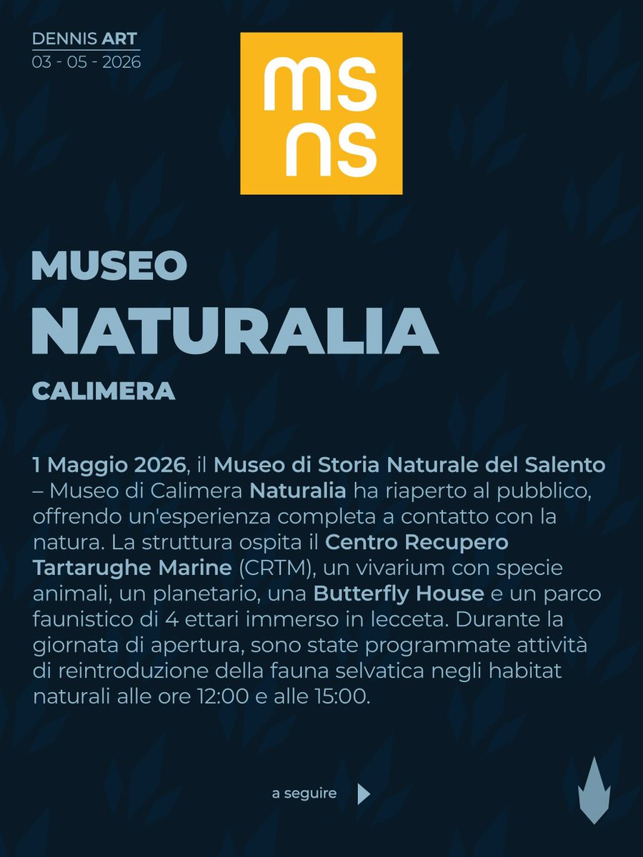 Dennis_Artista's tweet image. Il Museo di Storia Naturale di Calimera riapre il 1° maggio con attività educative e recupero fauna. Tre centri specializzati, 3.000 mq di esposizioni, 4 ettari di parco. Gestito da Cooperativa Naturalia con @RegionePuglia e csvbrindisilecce
#Salento #conservazione.