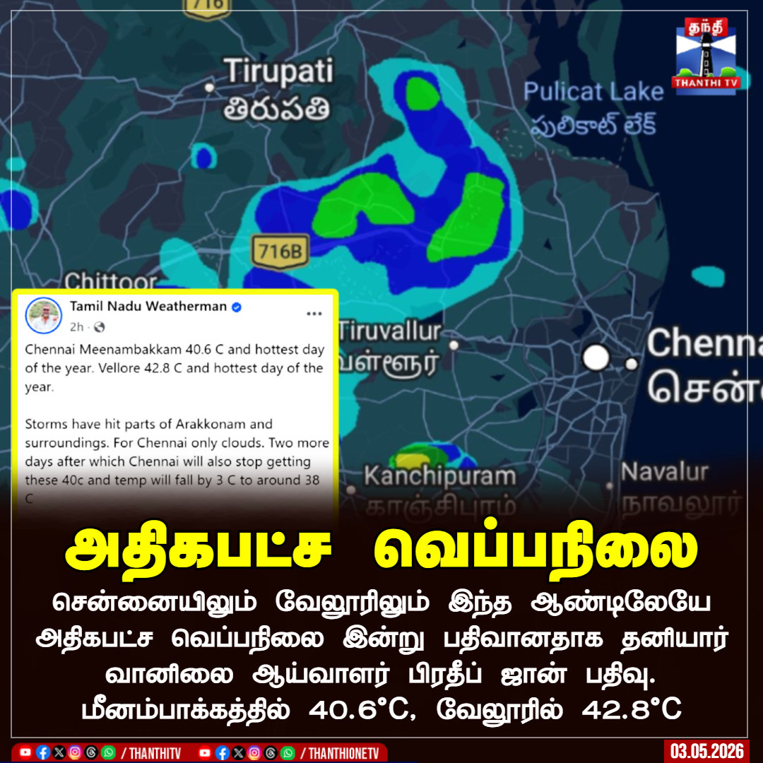ThanthiTV's tweet image. அதிகபட்ச வெப்பநிலை

சென்னையிலும் வேலூரிலும் இந்த ஆண்டிலேயே அதிகபட்ச வெப்பநிலை இன்று பதிவானதாக தனியார் வானிலை ஆய்வாளர் பிரதீப் ஜான் பதிவு. மீனம்பாக்கத்தில்  40.6°C, வேலூரில் 42.8°C 

#summer #heat #chennai #vellore #thanthitv