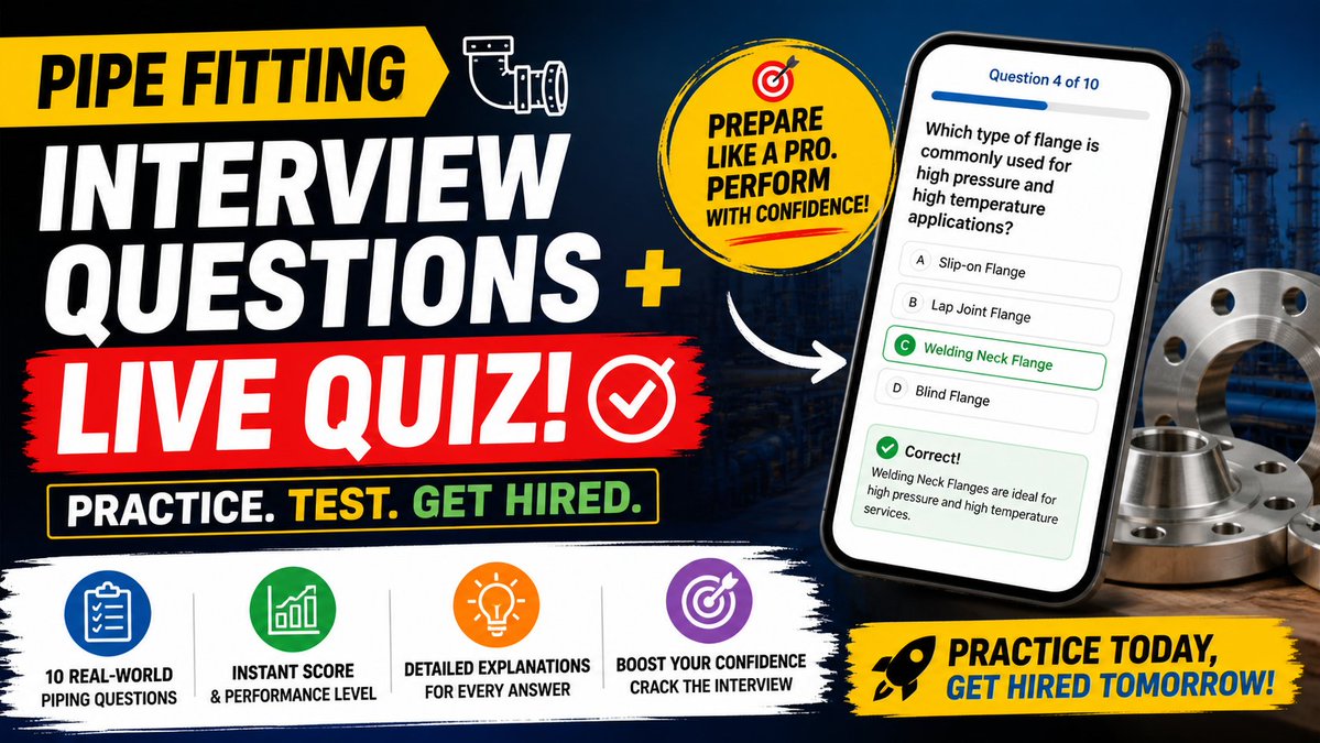 muhammadrazah's tweet image. 🚨 Pipe Fitting Interview + LIVE QUIZ = REAL PREPARATION🔧

Reading alone won’t get you hired…
👉 Testing yourself will.
(aienginear.com/pipe-fittings-…)

#MechanicalEngineering #PipeFitting #InterviewPrep #EngineeringQuiz #OilAndGas #ConstructionJobs #SiteEngineer #LearnEngineering
