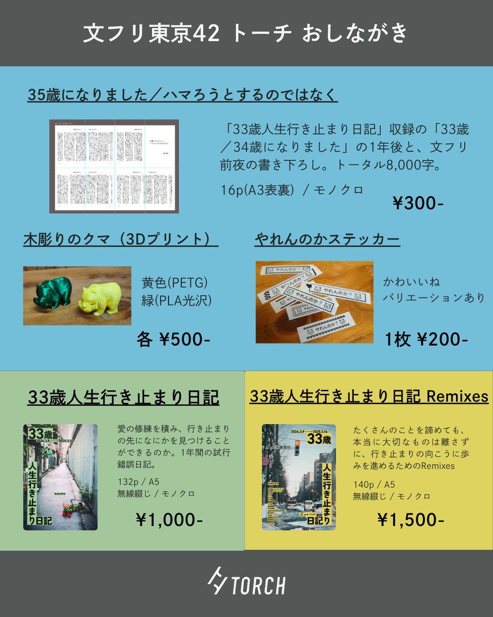 torchjp's tweet photo. 5/4(祝)の #文学フリマ東京42 に出ます🙋 南3-4ホール（2階）つ-35です。12:00-17:00！今回は持参少なめなので売り切れたらおしまいです！よろしくお願いします！ https://t.co/jMCg8yGLyX